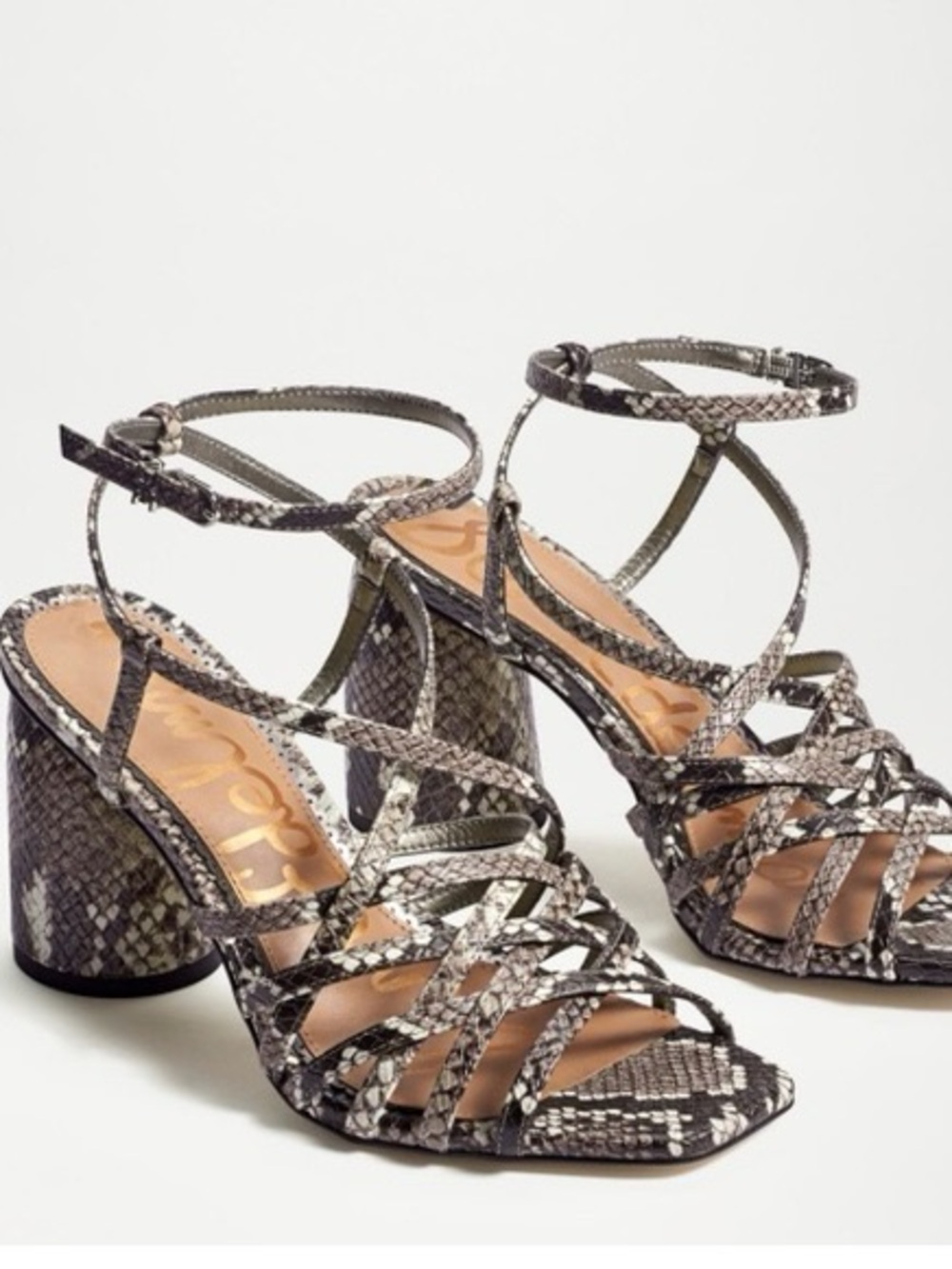 Sam Edelman Daffodil Sandal Snake-Print Strappy Block Heel Sandals - Gray
